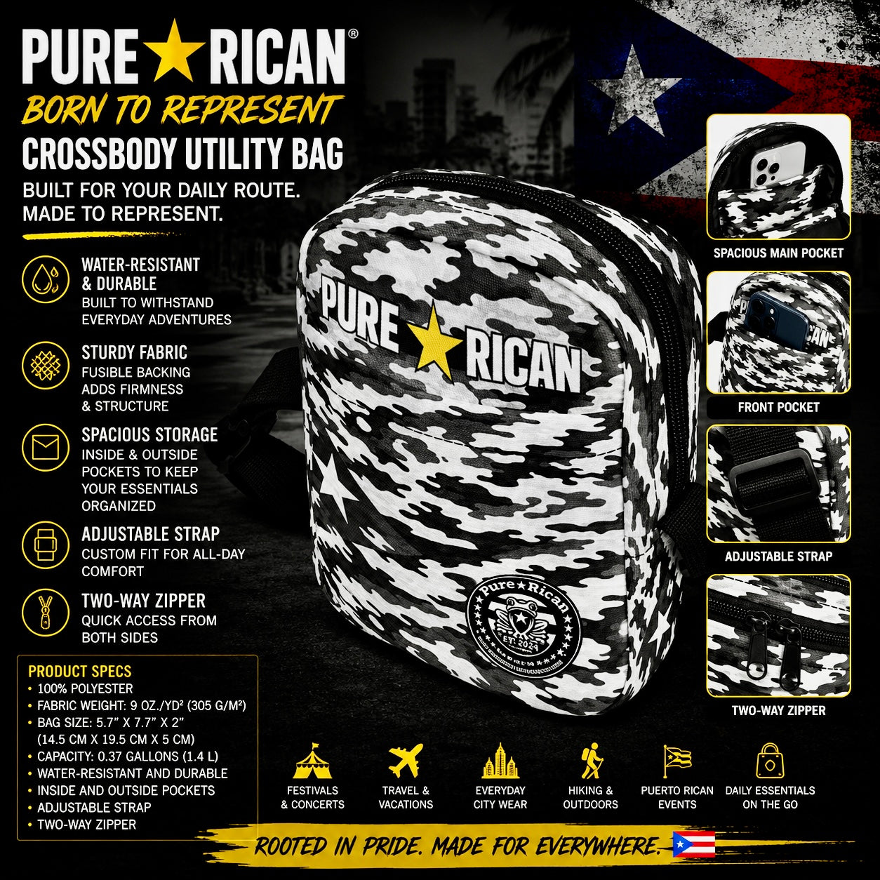 Detailed close-up of the Pure⭐️Rican Midnight Camo Crossbody Utility Bag showcasing durable two-way zipper pulls, adjustable buckle strap, and premium everyday carry construction.