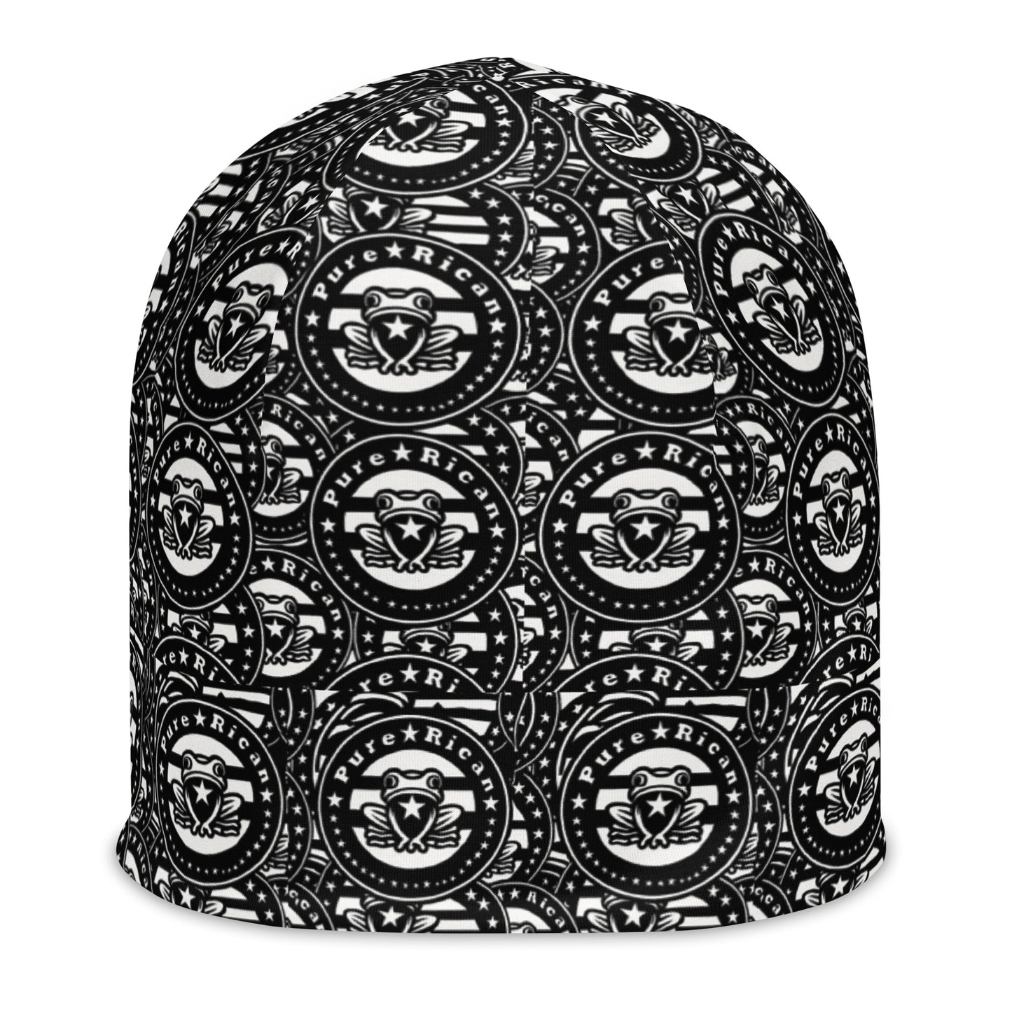 Pure⭐️Rican Cultura knit beanie front view – all-over print Puerto Rican winter hat