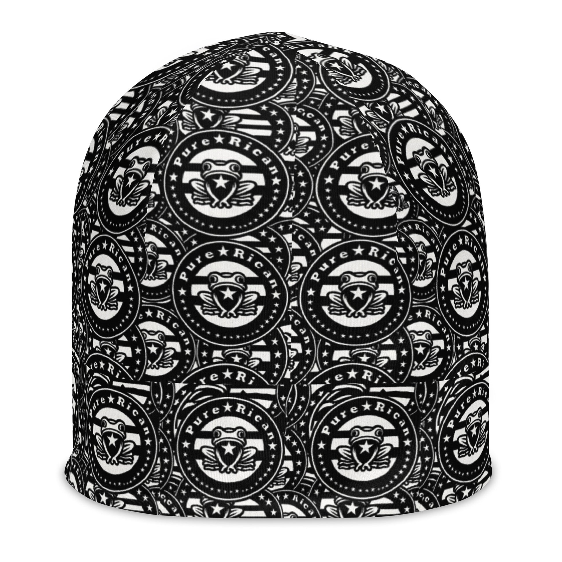 Pure⭐️Rican Cultura knit beanie front view – all-over print Puerto Rican winter hat