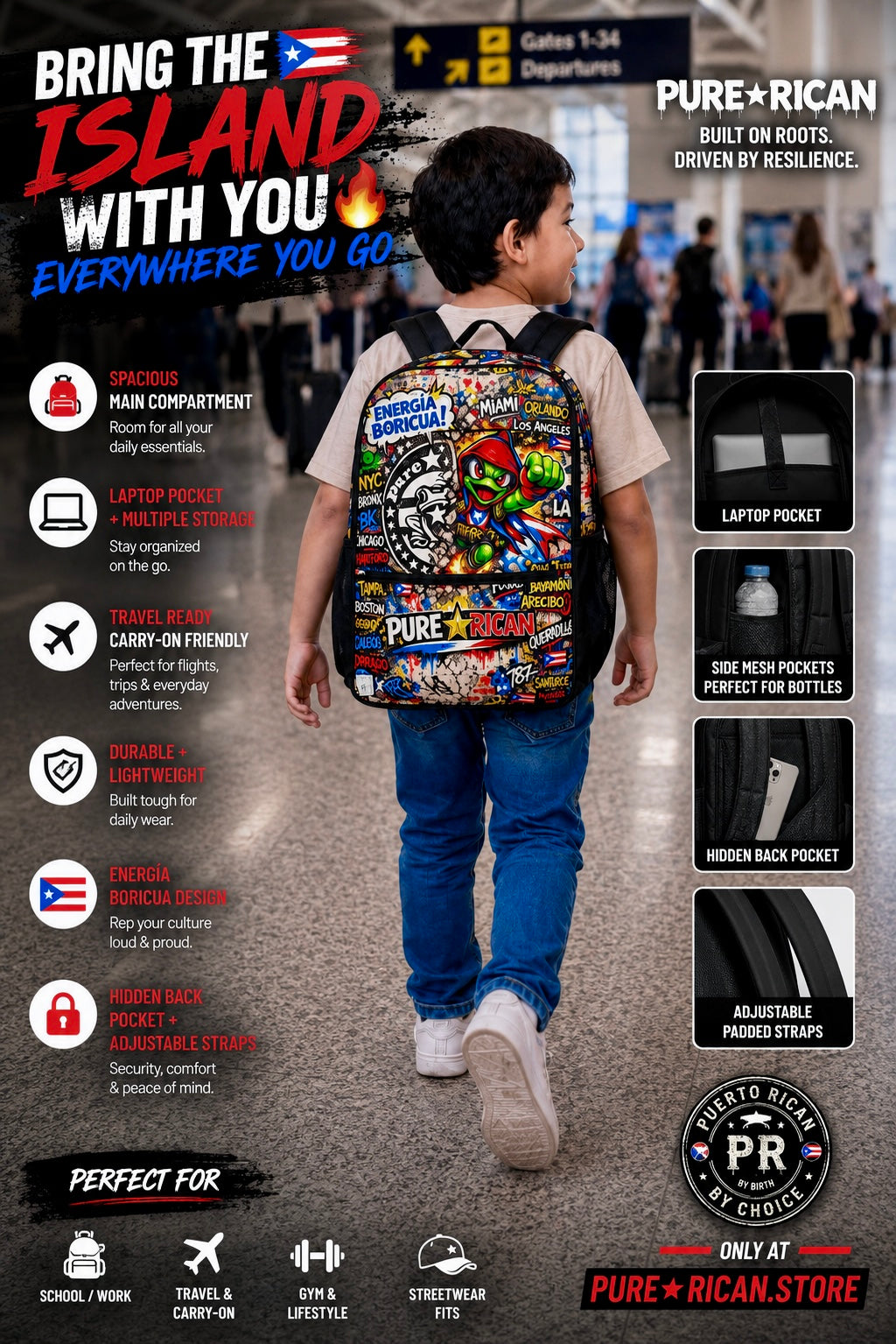 Premium promotional image of a young child wearing the Pure⭐️Rican “Energía Boricua” Backpack from the back at an airport terminal, highlighting the full backpack design featuring the signature Sapo Concho mascot, Puerto Rican graffiti textures, city callouts, 787 detail, and official Pure⭐️Rican branding. Includes premium product feature callouts for spacious storage, laptop pocket, hidden back pocket, side mesh bottle holders, adjustable padded straps, and travel, school, gym, and everyday lifestyle use.
