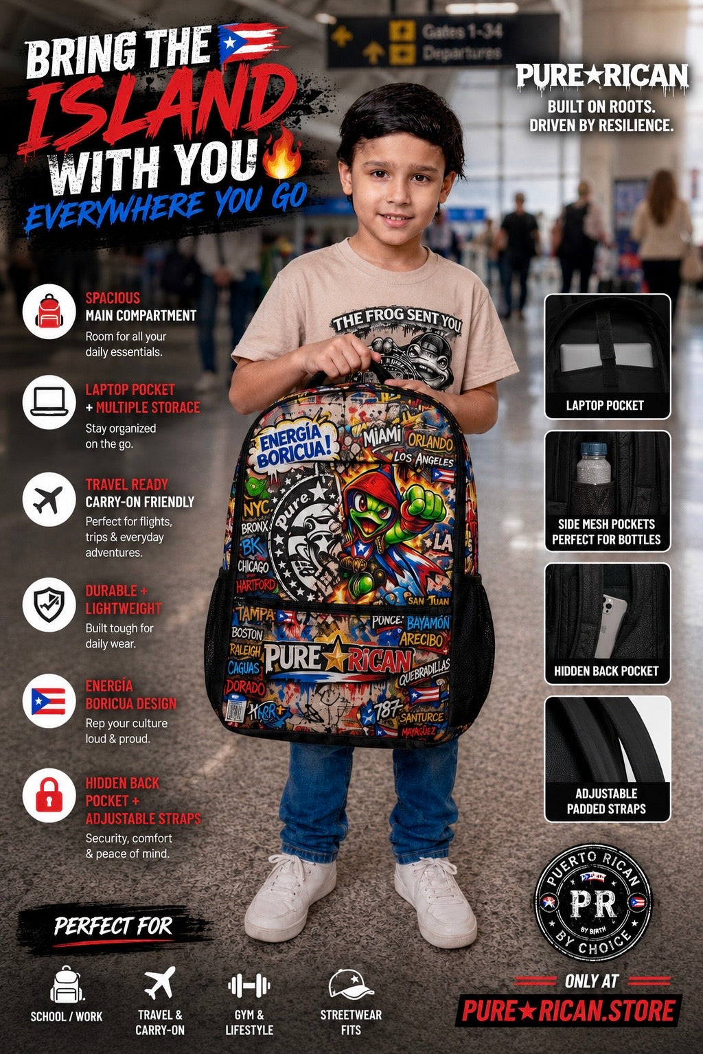 Premium promotional image of a young child holding the Pure⭐️Rican “Energía Boricua” Backpack at an airport terminal, showcasing the front design of the backpack featuring the signature Sapo Concho mascot, Puerto Rican graffiti artwork, city callouts, 787 details, and official Pure⭐️Rican branding. Includes premium feature callouts highlighting spacious storage, laptop pocket, travel-friendly design, hidden back pocket, side mesh pockets, adjustable padded straps, and school, travel, gym, and streetwear ver