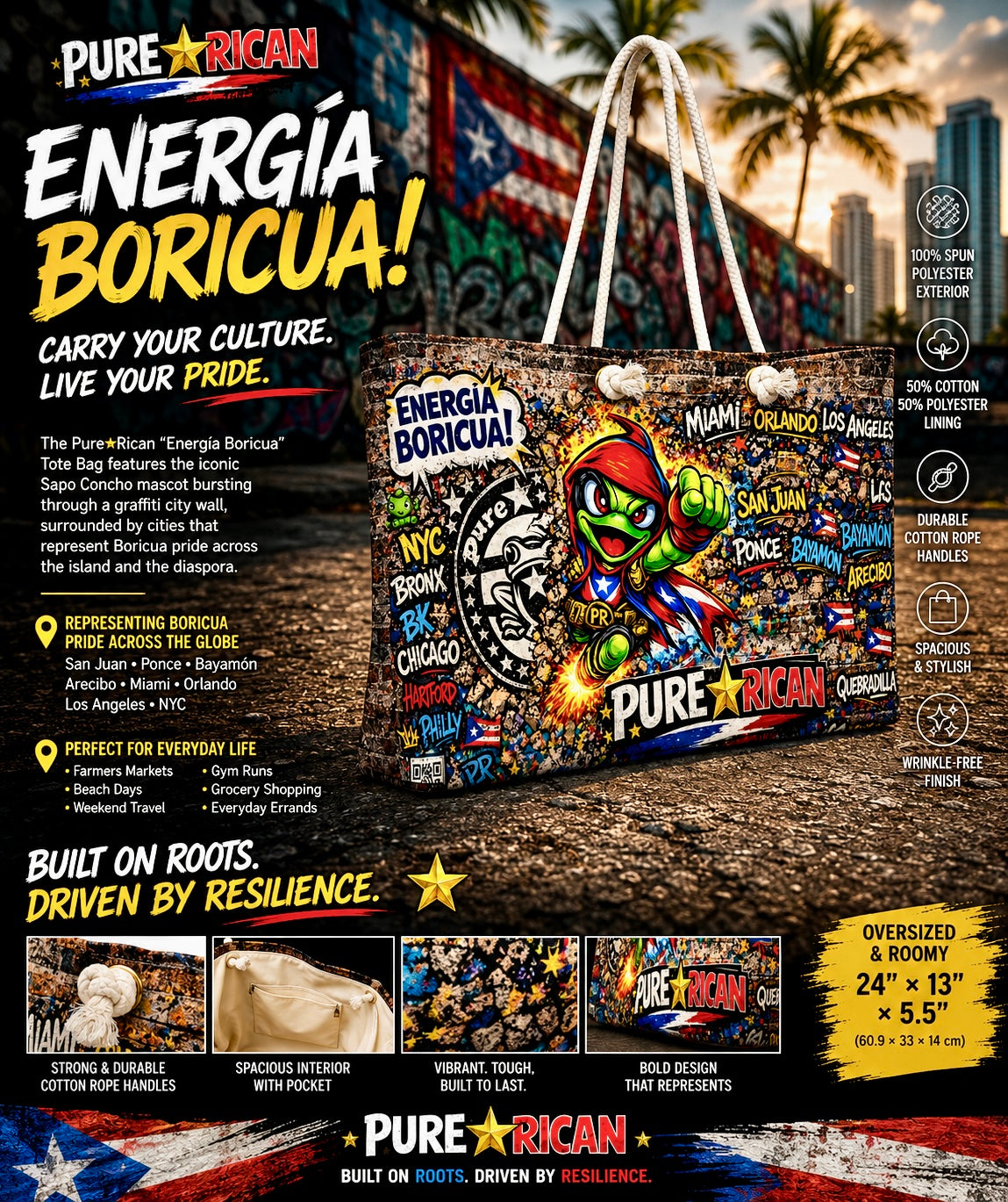Angled premium product image of the Pure⭐️Rican “Energía Boricua” Graffiti City Tote Bag with Sapo Concho mascot, Puerto Rican graffiti design, rope handles, oversized carry space, and bold Boricua culture artwork.