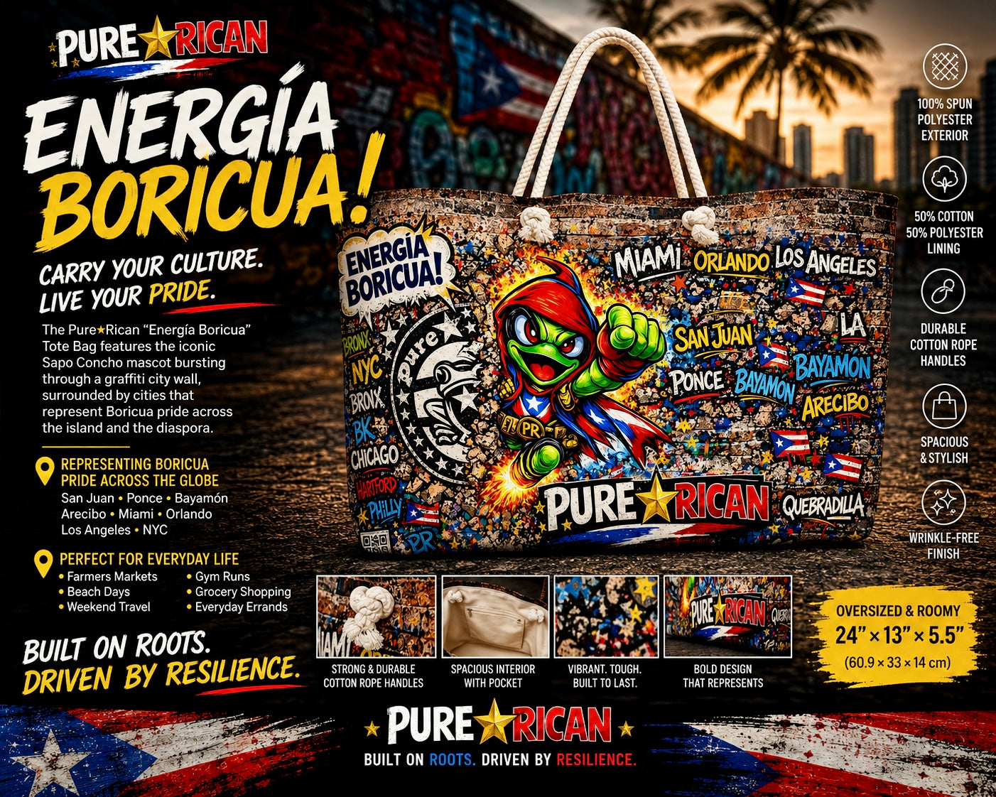 Premium promotional image of the Pure⭐️Rican “Energía Boricua” Graffiti City Tote Bag featuring the Sapo Concho mascot, Puerto Rican graffiti city artwork, oversized rope handles, and Boricua-inspired travel and everyday carry design.
