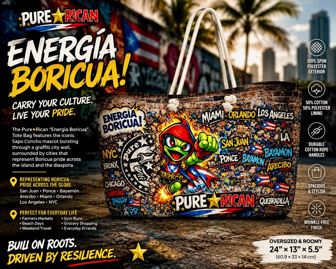 Premium promotional image of the Pure⭐️Rican “Energía Boricua” Graffiti City Tote Bag featuring the Sapo Concho mascot, Puerto Rican graffiti city artwork, oversized rope handles, and Boricua-inspired travel and everyday carry design.