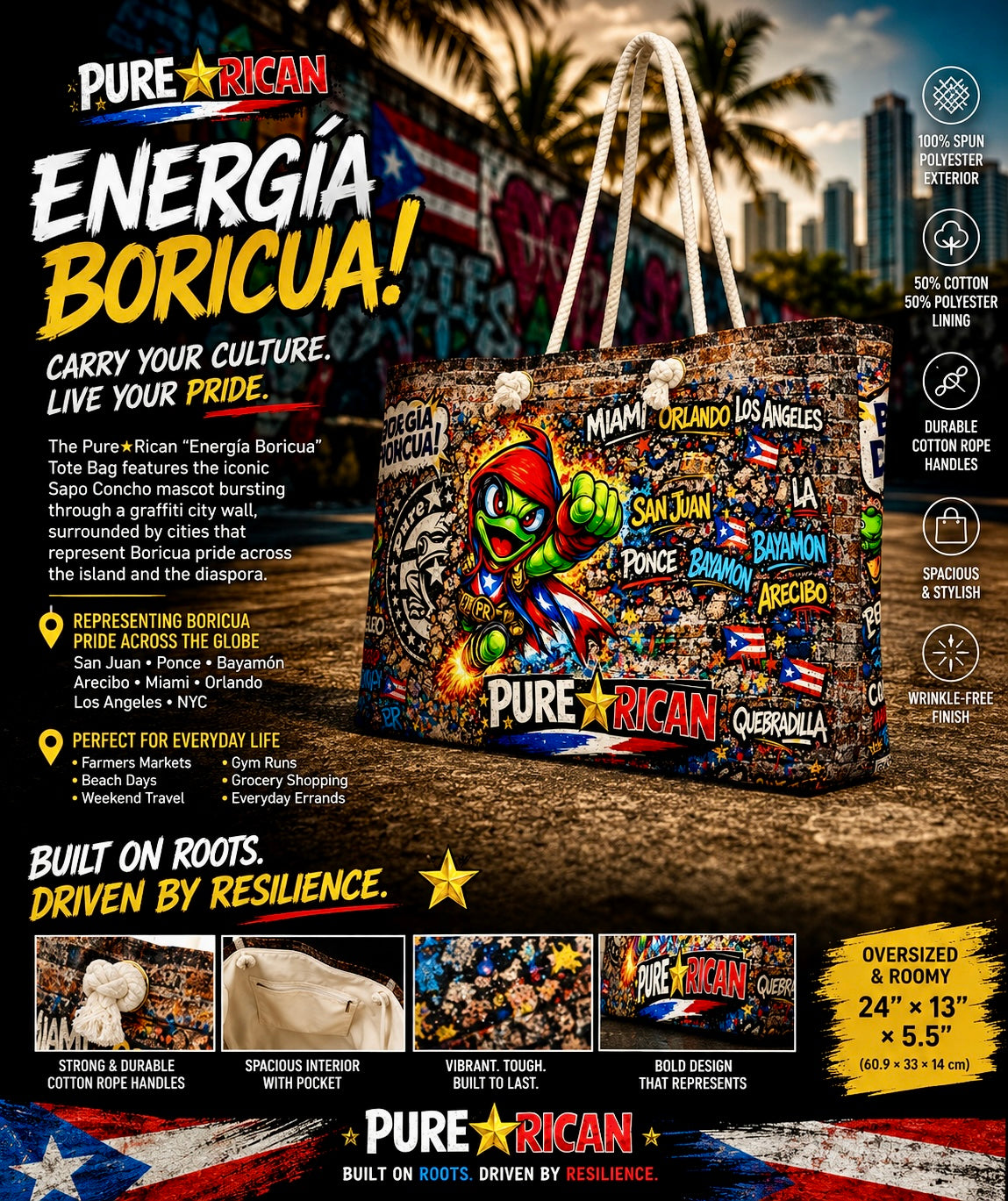 Side angle premium product image of the Pure⭐️Rican “Energía Boricua” Tote Bag featuring Sapo Concho graffiti artwork, Puerto Rican city callouts, oversized storage, cotton rope handles, and everyday Boricua culture style.