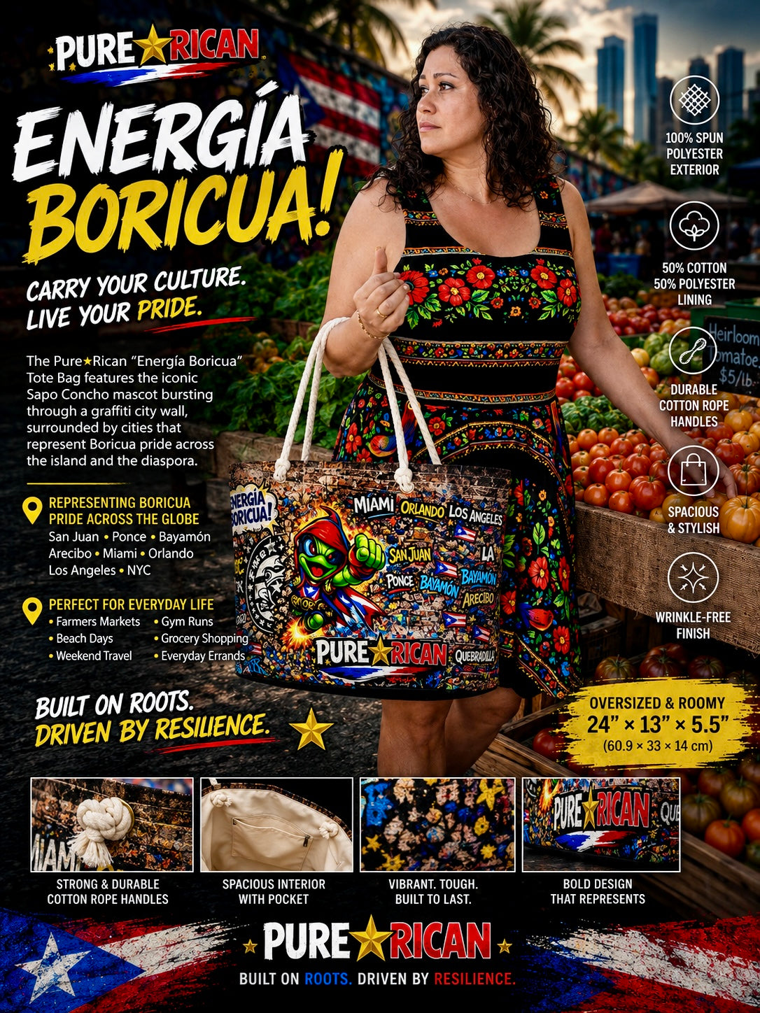 Lifestyle image of a model carrying the Pure⭐️Rican “Energía Boricua” Tote Bag at a farmers market, featuring Puerto Rican graffiti city artwork, oversized rope-handle tote design, and bold Sapo Concho mascot graphics.