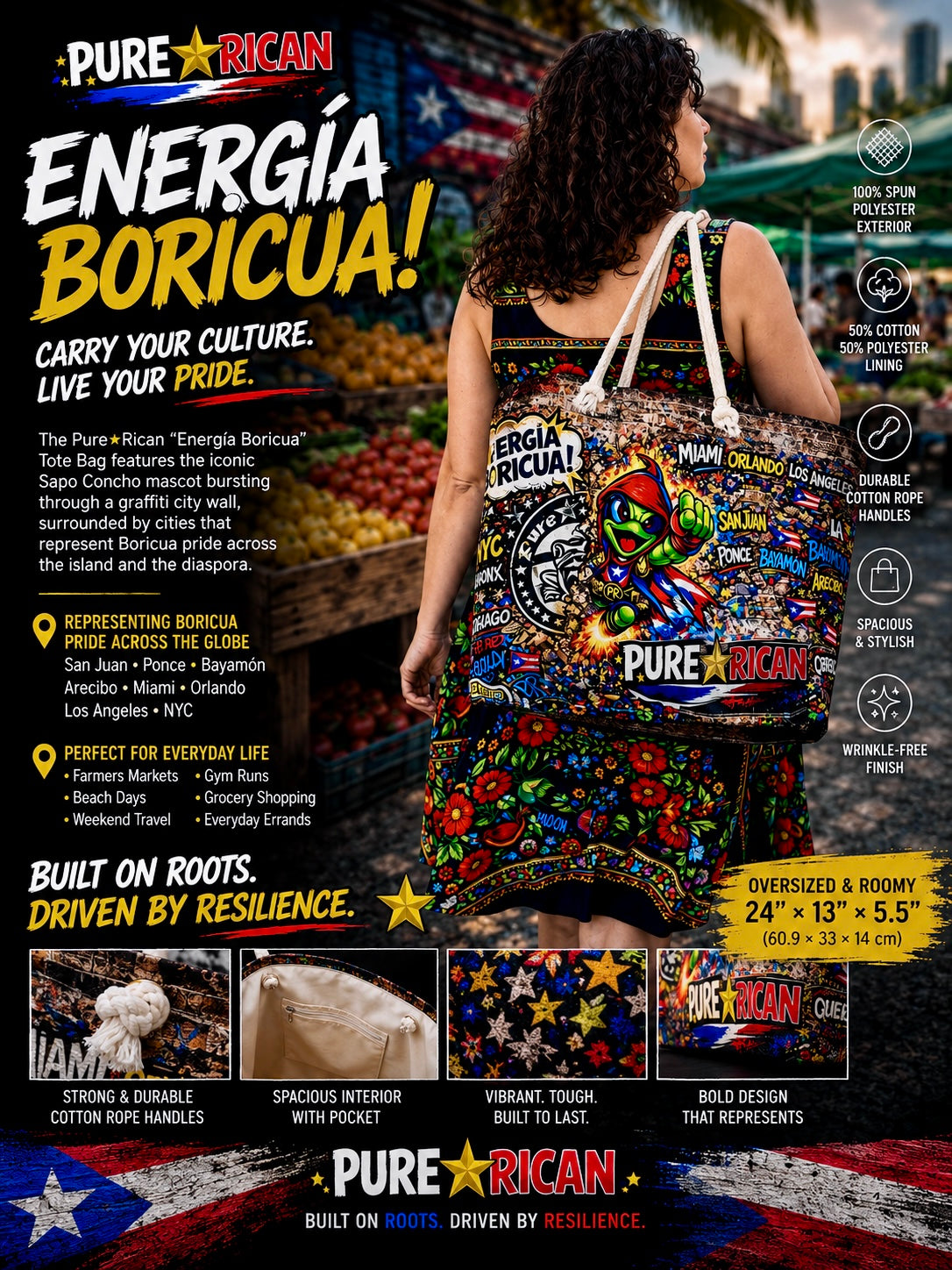 Back lifestyle image of a model wearing the Pure⭐️Rican “Energía Boricua” Tote Bag at a farmers market, showcasing Puerto Rican graffiti artwork, oversized shoulder tote design, and Sapo Concho Boricua culture graphics