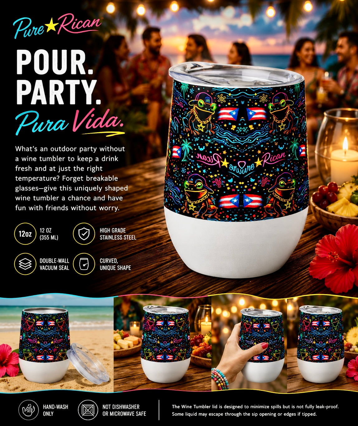 Pure⭐️Rican Neon Sapo Concho wine tumbler featuring Puerto Rican flag-inspired neon artwork and heart logo design displayed in a premium tropical outdoor gathering scene with sunset ambiance.