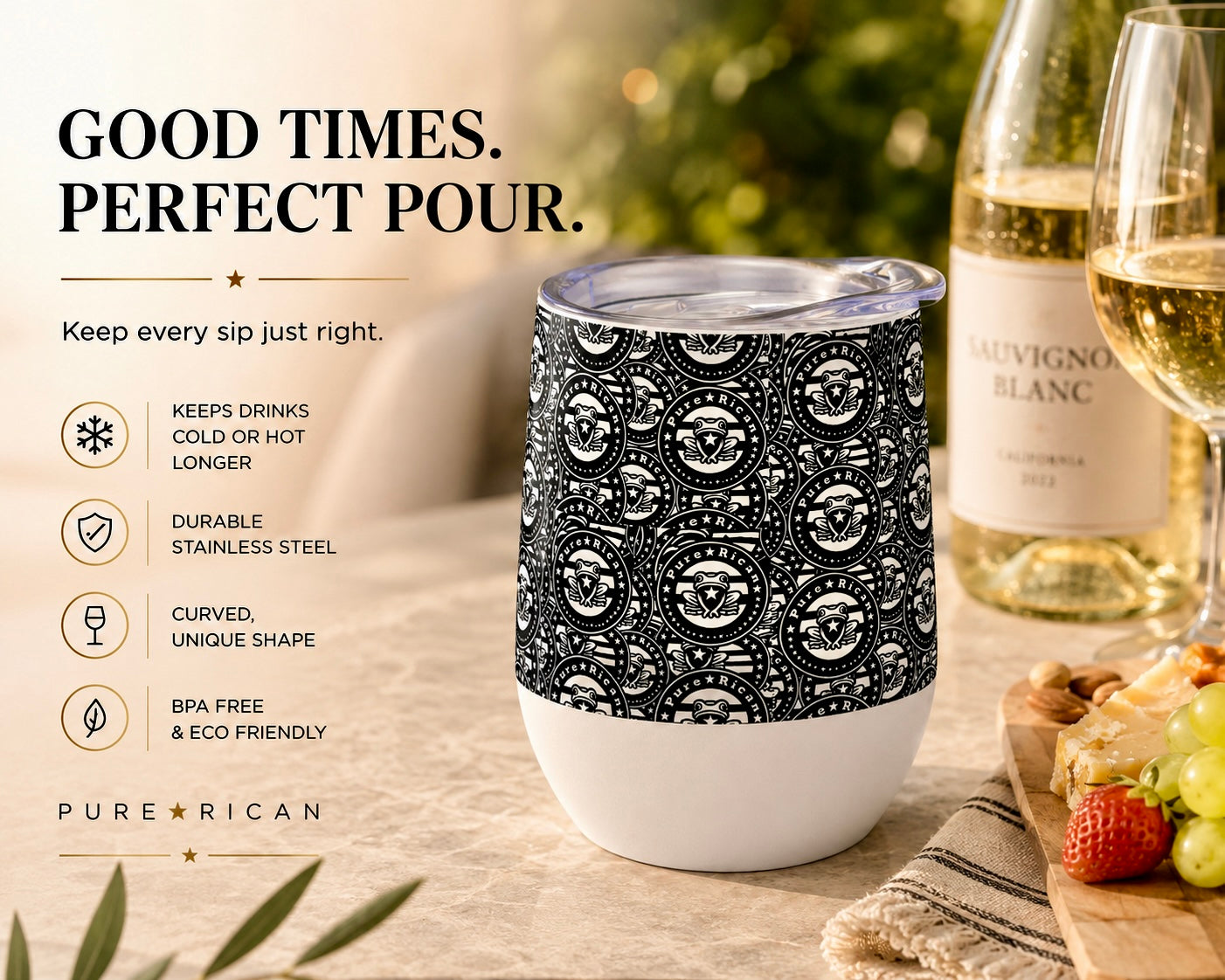 Lifestyle image of the Pure⭐️Rican Heritage Seal stainless steel wine tumbler featuring the signature black-and-white Puerto Rican-inspired pattern with Sapo Concho emblem, insulated 12oz curved design, premium outdoor wine and cocktail drinkware.