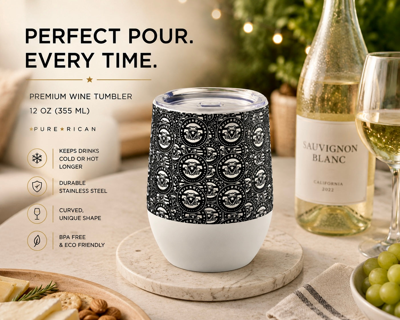 Lifestyle image of the Pure⭐️Rican Heritage Seal stainless steel wine tumbler featuring the signature black-and-white Puerto Rican-inspired pattern with Sapo Concho emblem, insulated 12oz curved design, premium outdoor wine and cocktail drinkware.