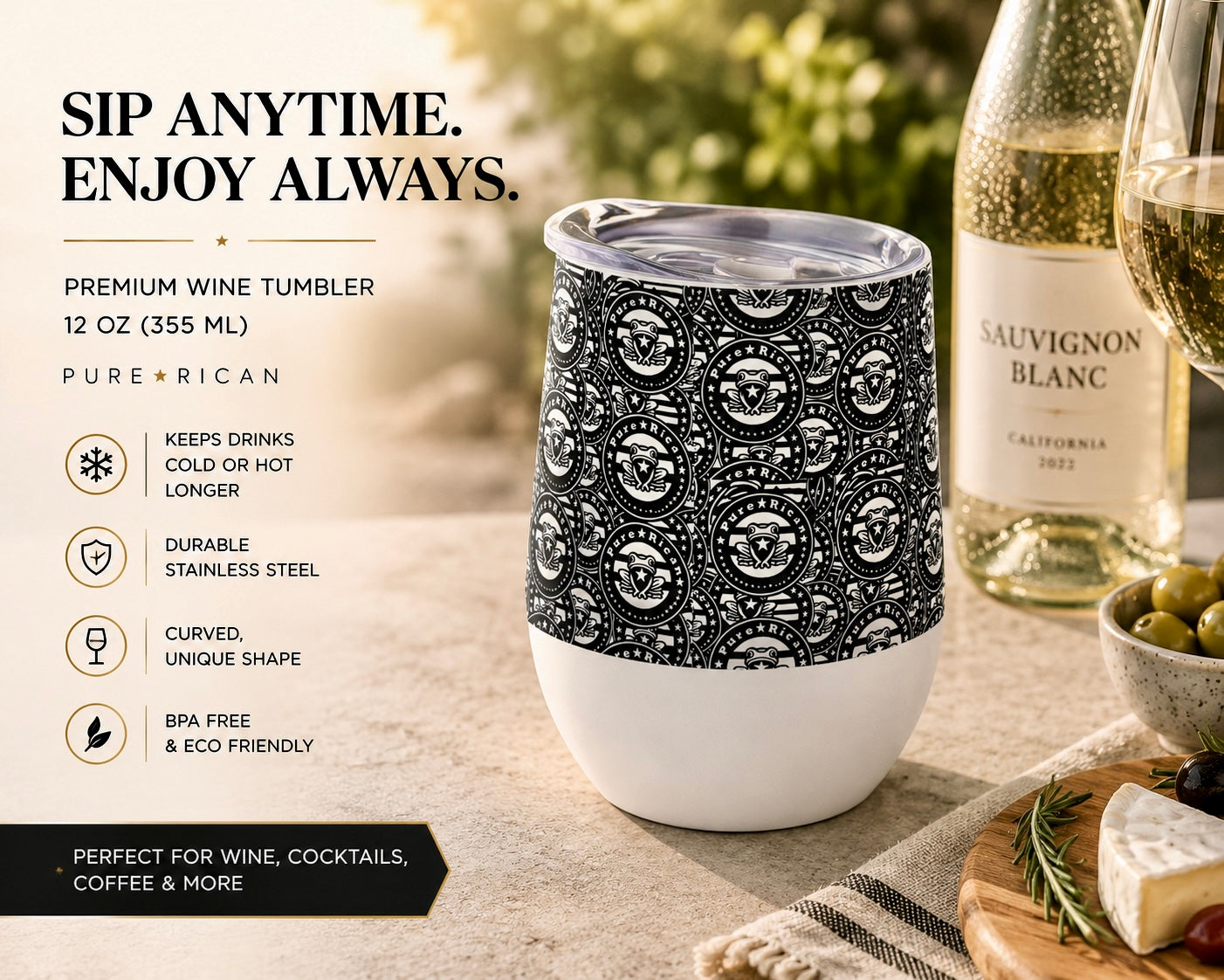 Lifestyle image of the Pure⭐️Rican Heritage Seal stainless steel wine tumbler featuring the signature black-and-white Puerto Rican-inspired pattern with Sapo Concho emblem, insulated 12oz curved design, premium outdoor wine and cocktail drinkware.