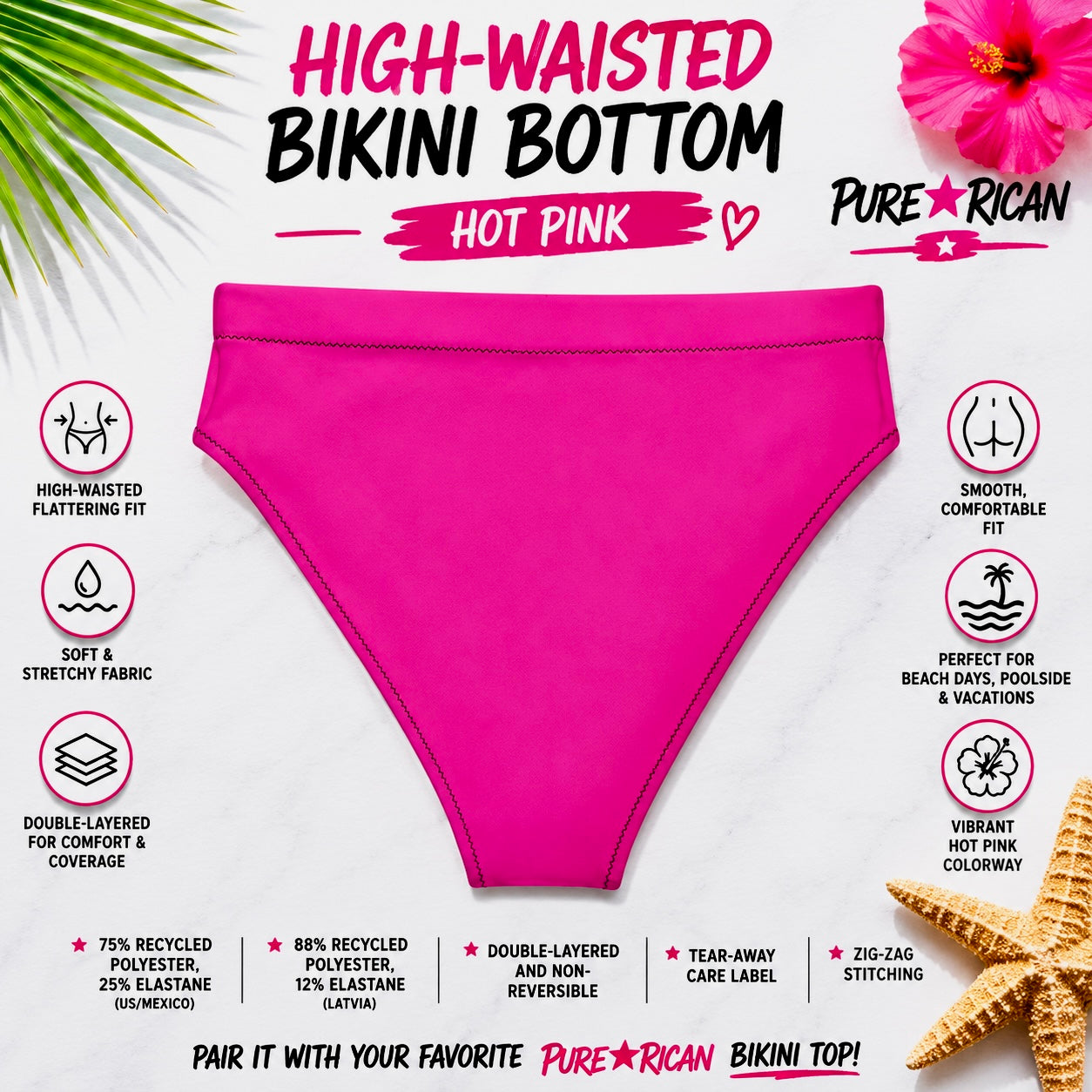 Back view of the Pure⭐️Rican High-Waisted Bikini Bottom in vibrant hot pink featuring smooth comfortable rear coverage, stretchy fabric, and flattering beachwear design.