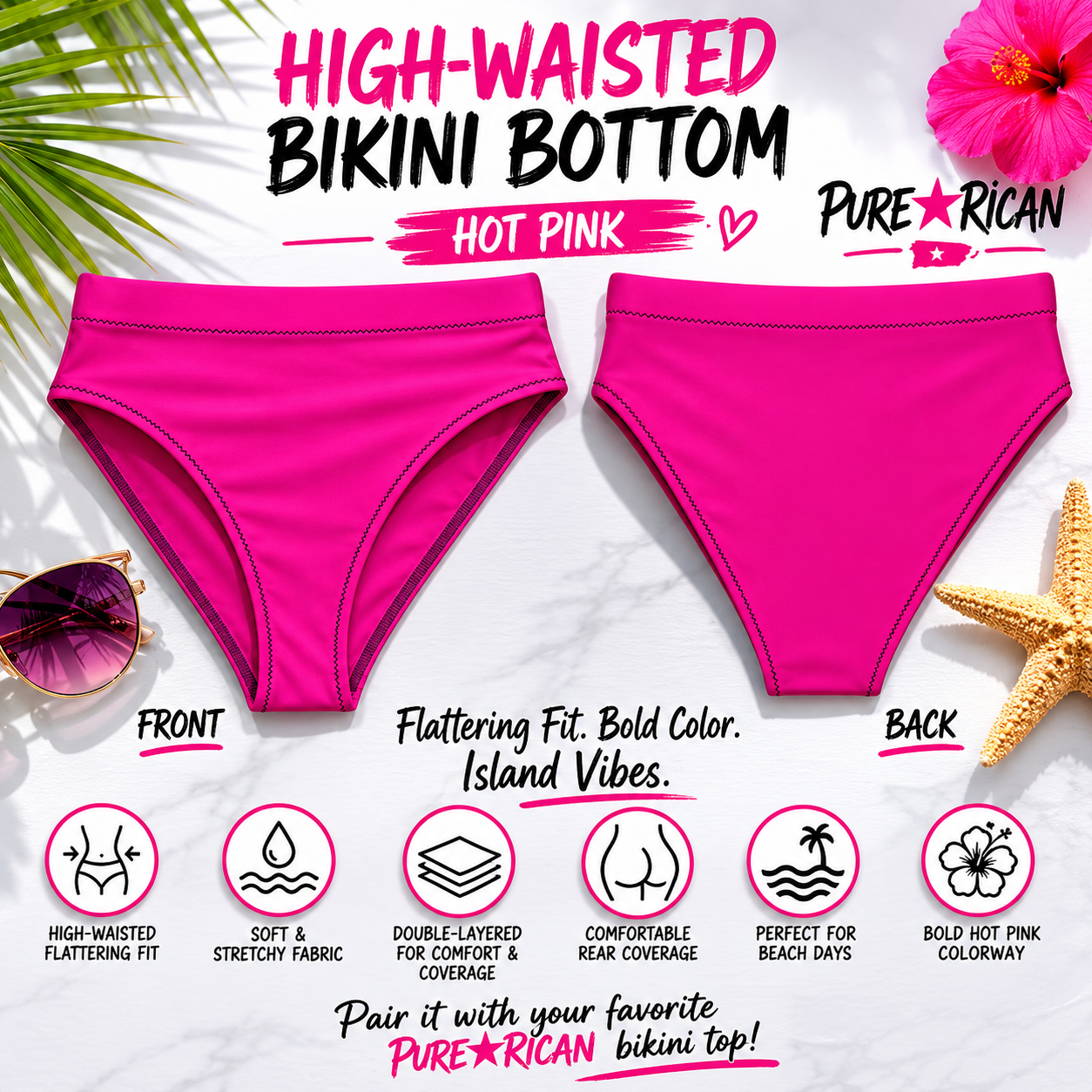 Front and back comparison of the Pure⭐️Rican High-Waisted Bikini Bottom in hot pink showing flattering high-waisted fit, smooth coverage, and vibrant summer swimwear style.