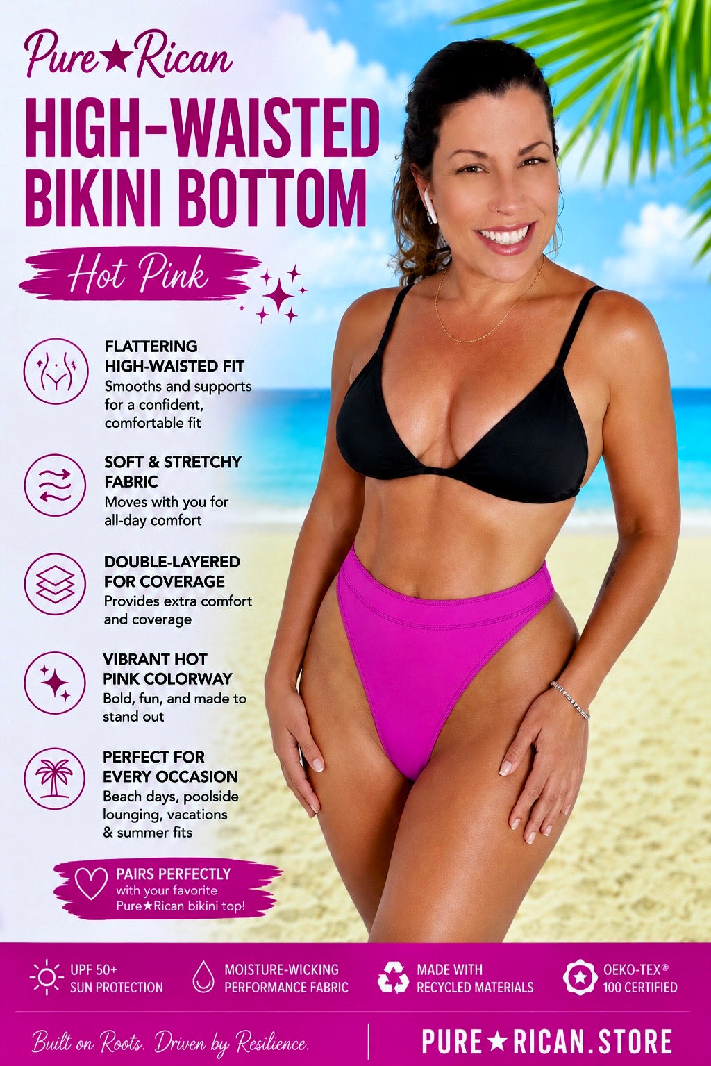 Woman wearing the Pure⭐️Rican High-Waisted Bikini Bottom in hot pink with a black bikini top on a tropical beach, showing flattering fit and confident summer style.