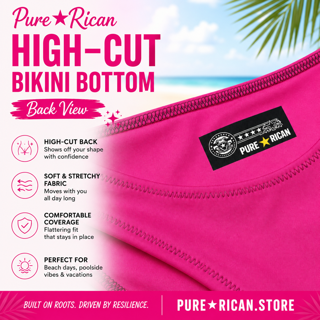 Close-up back view detail of the Pure⭐️Rican Hot Pink High-Cut Bikini Bottom showcasing interior Pure⭐️Rican branding label, premium stitching, soft stretch swim fabric, and high-cut back design in a tropical beach-inspired product display.