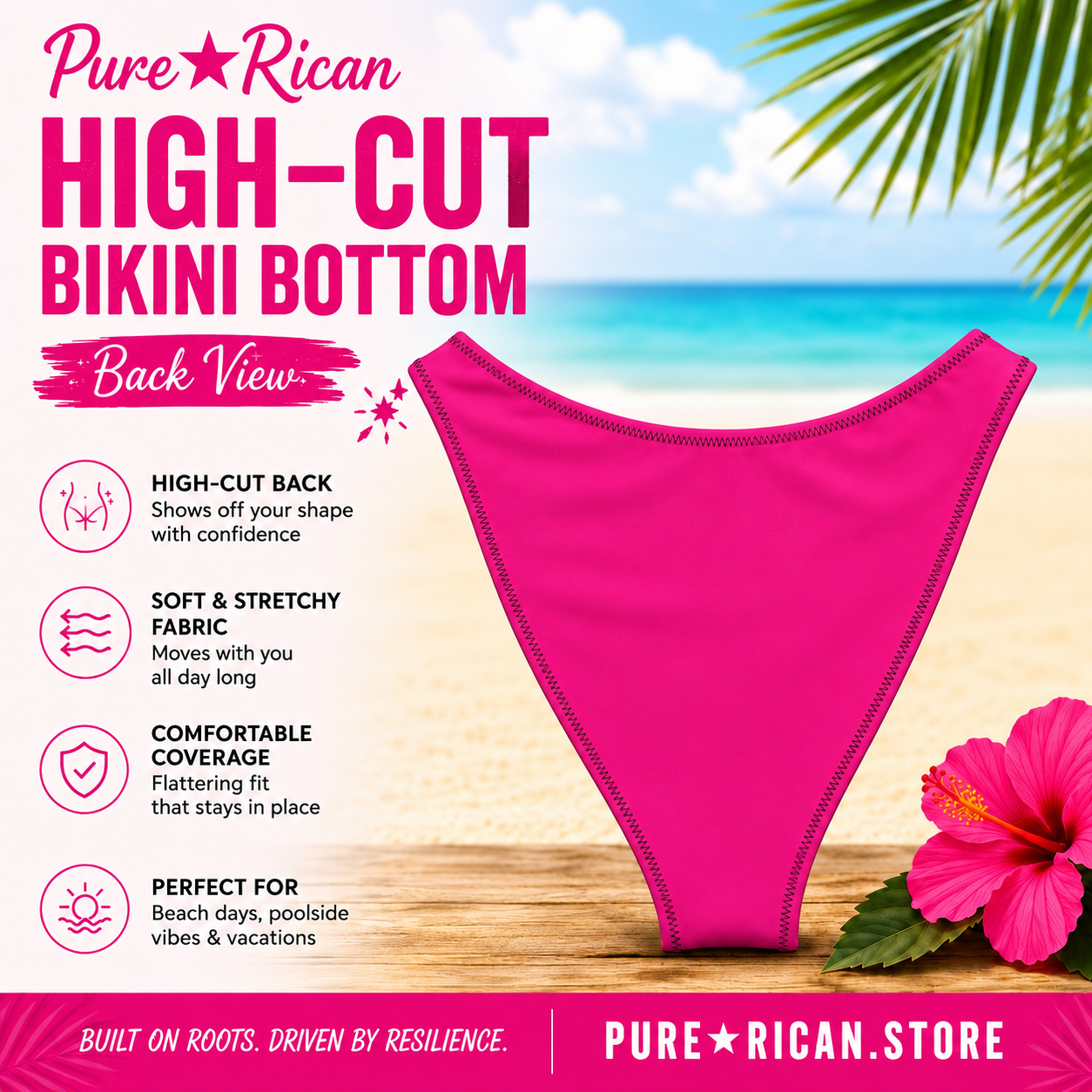 Back view of the Pure⭐️Rican Hot Pink High-Cut Bikini Bottom featuring a premium tropical beach-themed product display with flattering high-cut fit, soft stretch swim fabric, hibiscus flower accents, and stylish Puerto Rican-inspired summer swimwear branding for beach, pool, and vacation wear.
