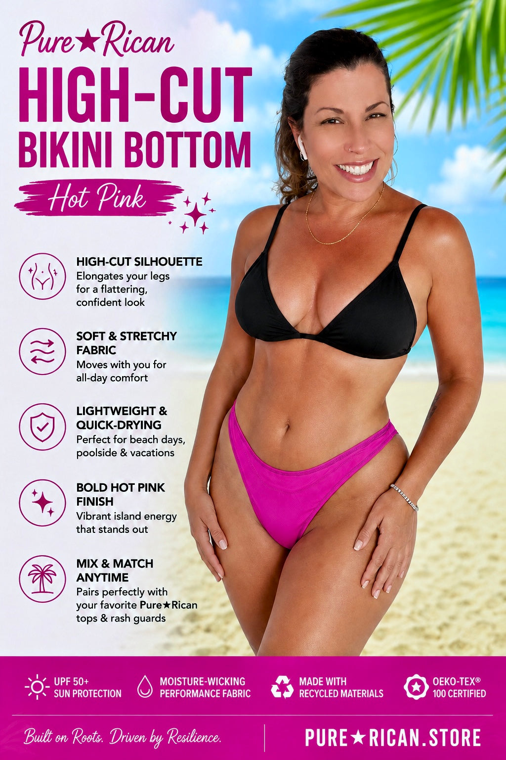 Front view of a model wearing the Pure⭐️Rican Hot Pink High-Cut Bikini Bottom paired with a black bikini top in a premium tropical beach-themed product display. Features a flattering high-cut silhouette, bold hot pink finish, and island-inspired swimwear styling for beach, poolside, vacation, and resort wear.