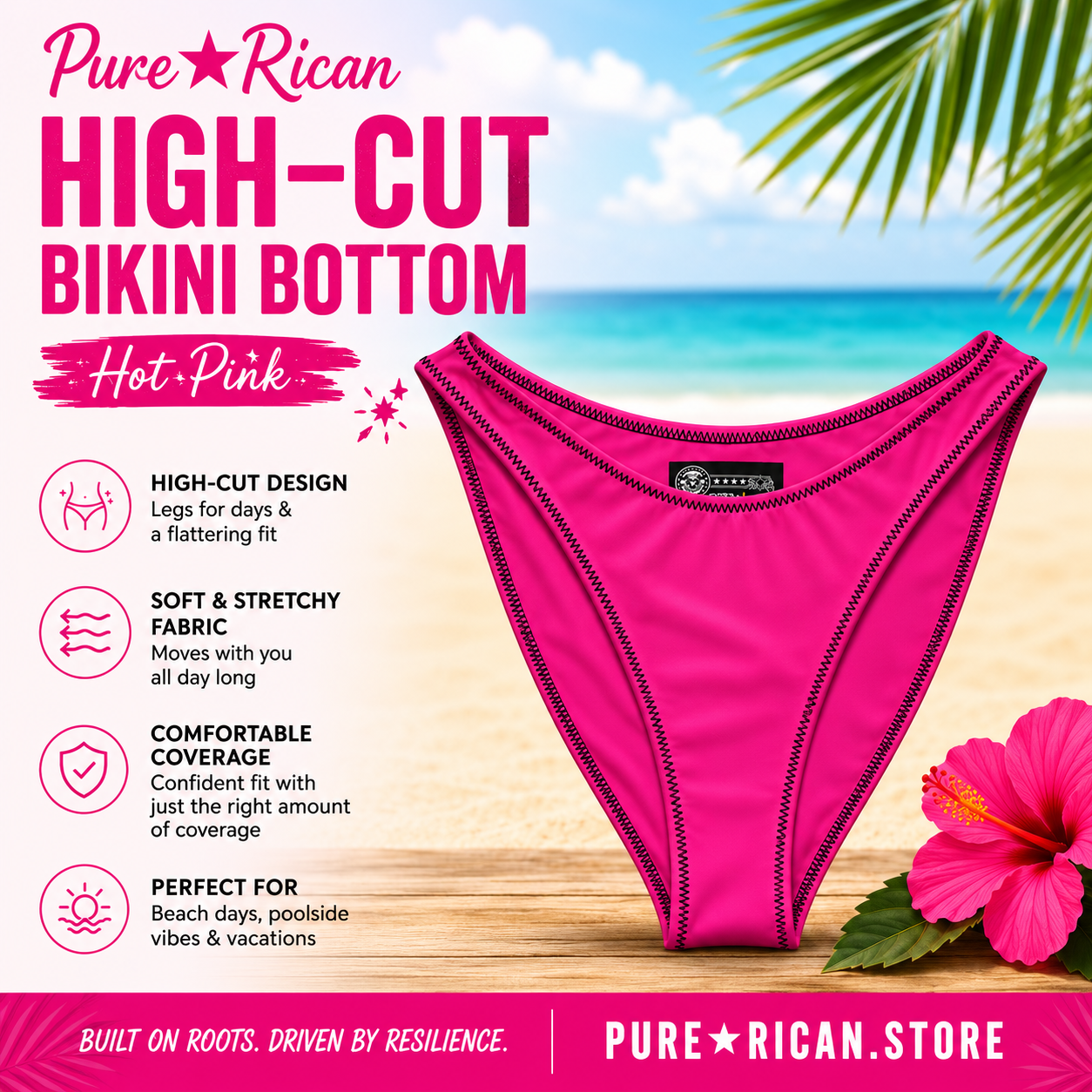 Front view of the Pure⭐️Rican Hot Pink High-Cut Bikini Bottom featuring a premium beach-themed product display with tropical hibiscus flower accents, flattering high-cut silhouette, soft stretch fabric highlights, and Pure⭐️Rican branding for beach, pool, and vacation swimwear.