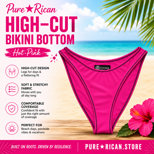 Front view of the Pure⭐️Rican Hot Pink High-Cut Bikini Bottom featuring a premium beach-themed product display with tropical hibiscus flower accents, flattering high-cut silhouette, soft stretch fabric highlights, and Pure⭐️Rican branding for beach, pool, and vacation swimwear.