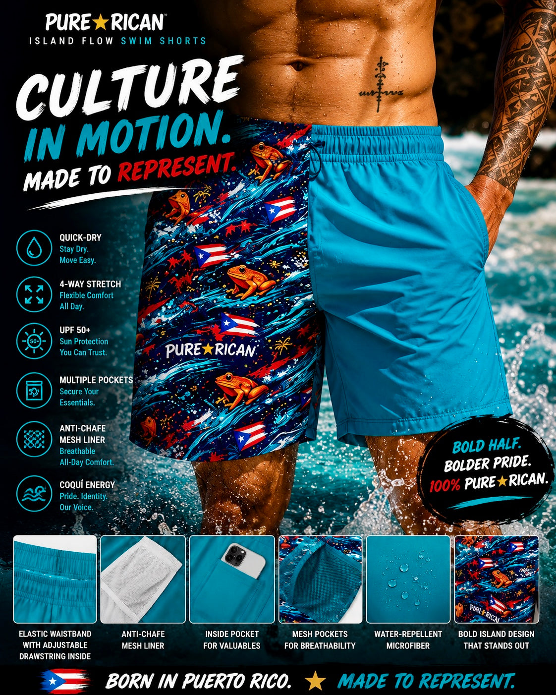 Detailed close-up of breathable mesh pocket lining inside Pure⭐️Rican Island Flow Swim Shorts showing premium construction, breathable mesh insert, island-inspired artwork, and quick-dry swimwear features.