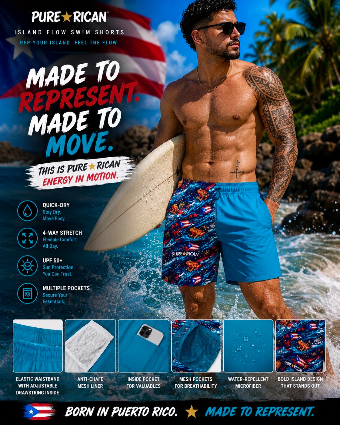 Close-up inside view of Pure⭐️Rican Island Flow Swim Shorts showing hidden interior valuables pocket, breathable mesh lining, premium construction, and secure storage feature for beach and everyday wear.