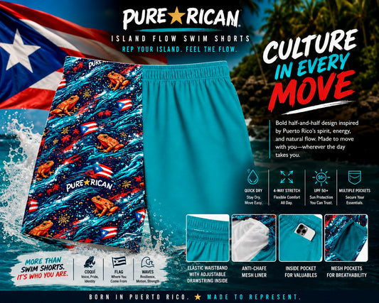 Male model wearing Pure⭐️Rican Island Flow Swim Shorts on the beach featuring Puerto Rican flag details, Sapo Concho-inspired frog artwork, teal split design, tropical waves, and premium beach lifestyle styling.