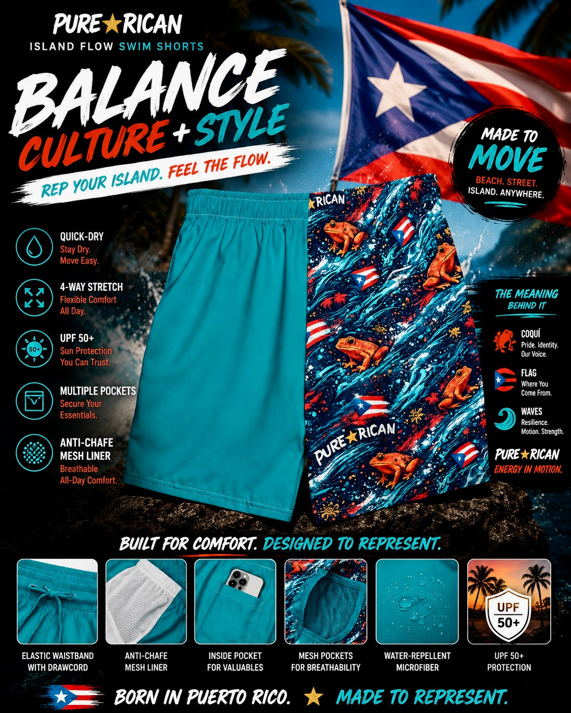 Close-up lifestyle image of Pure⭐️Rican Island Flow Swim Shorts featuring bold split teal design, Puerto Rican flags, Sapo Concho frog artwork, breathable performance fabric, and premium beachwear styling.