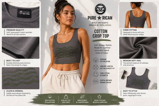 Woman wearing a gray cotton crop top with product details on a white background
