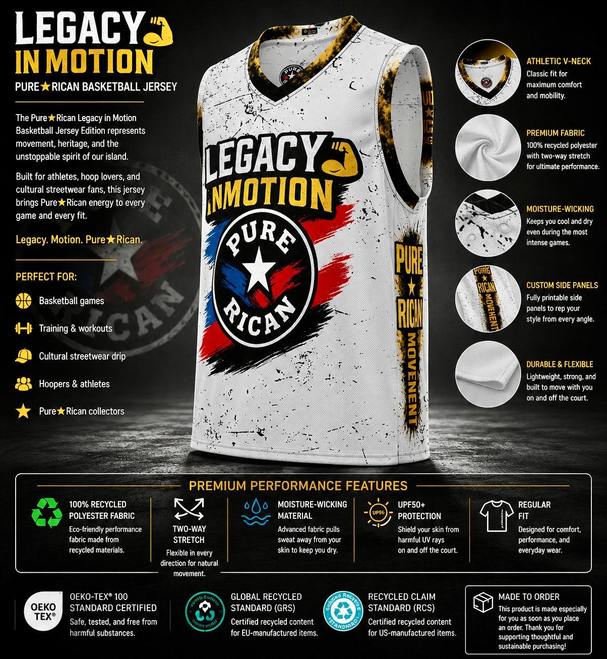 Angled front view of the Pure⭐️Rican Legacy in Motion Basketball Jersey showcasing premium athletic design, Puerto Rican-inspired graphics, side panel details, and moisture-wicking performance fabric.