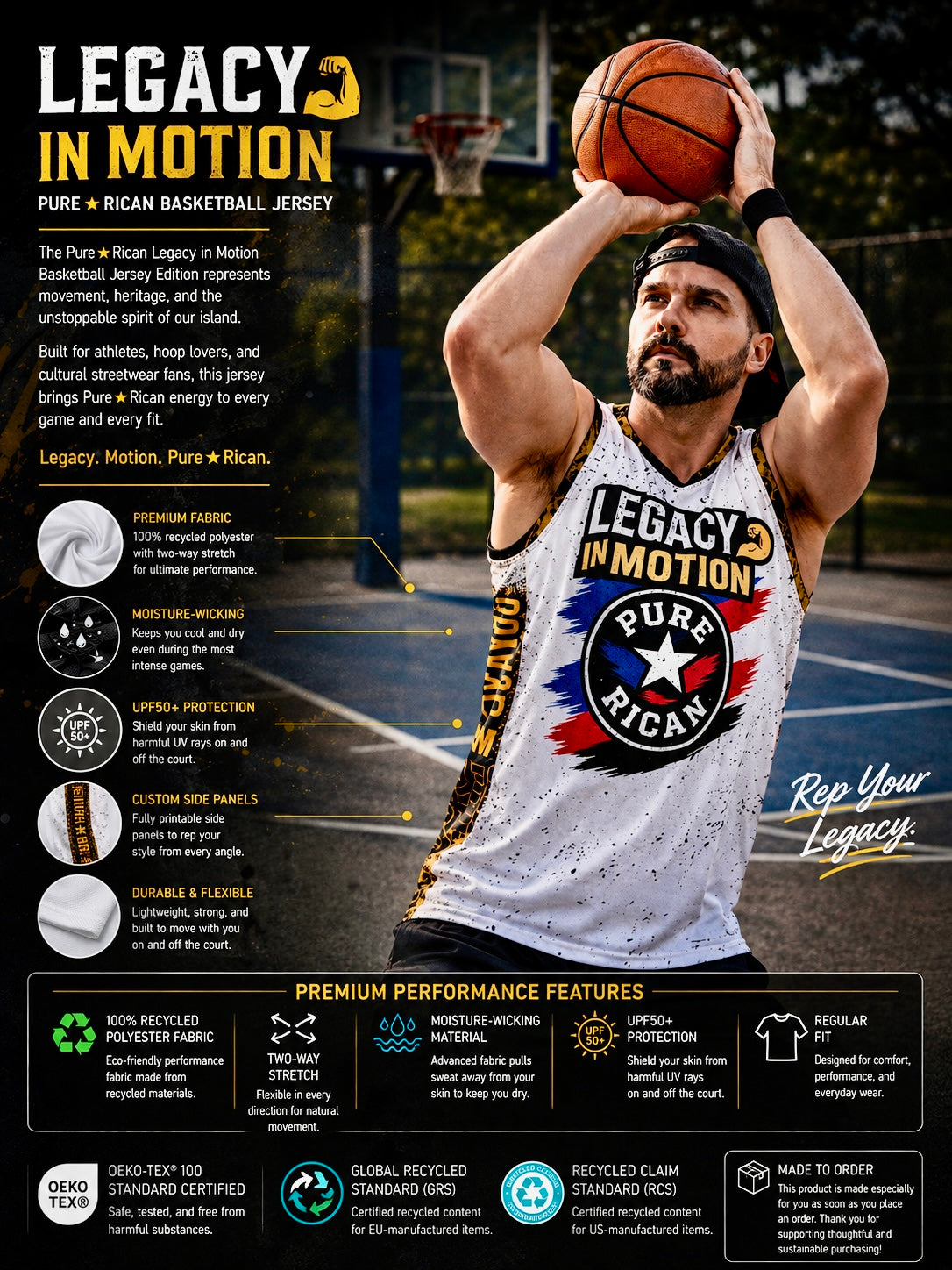 Athlete wearing the Pure⭐️Rican Legacy in Motion Basketball Jersey during basketball training, showcasing Puerto Rican-inspired streetwear performance and athletic comfort.