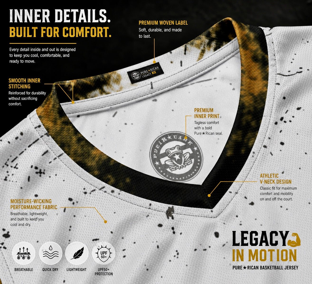 Close-up inner detail of the Pure⭐️Rican Legacy in Motion Basketball Jersey highlighting premium stitching, inner branding, V-neck construction, and breathable athletic fabric.