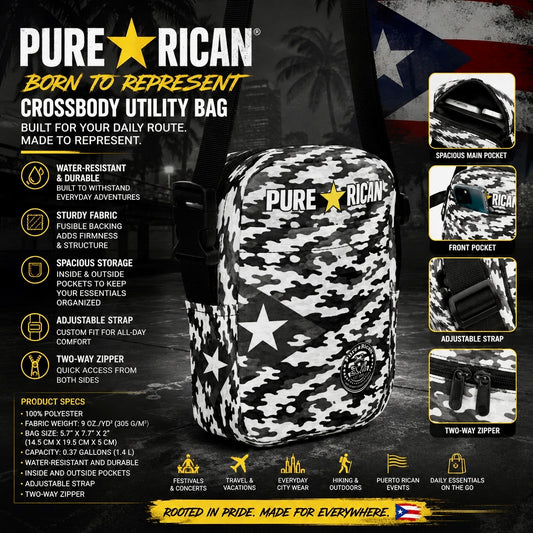 Front view of the Pure⭐️Rican Midnight Camo Boricua Crossbody Utility Bag featuring black and white Puerto Rican camo, Pure⭐️Rican logo with star, Puerto Rican flag detail, and signature Sapo Concho seal.