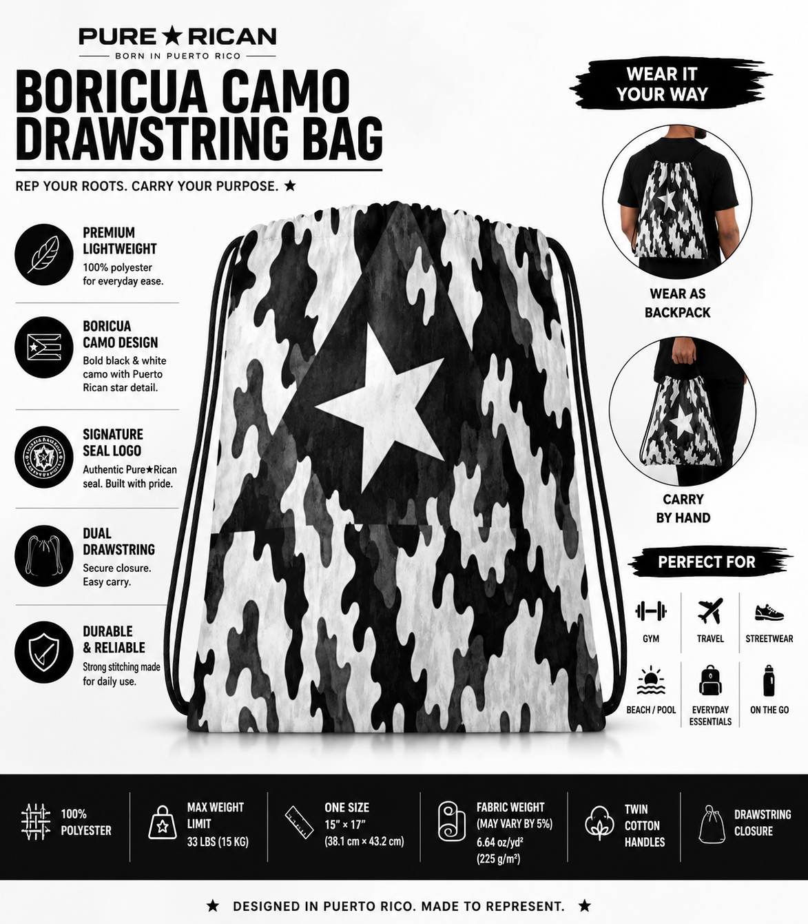 Premium Shopify product feature image of the Pure⭐️Rican Midnight Camo Boricua Drawstring Bag showcasing the black and white Boricua camo pattern with Puerto Rican star detail, durable lightweight polyester construction, dual drawstring closure, backpack and hand-carry use, designed for gym, travel, beach, streetwear, and daily essentials.