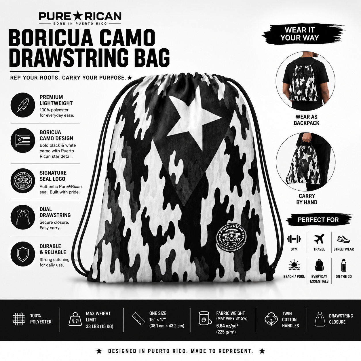 High-quality Shopify complementary product image of the Pure⭐️Rican Midnight Camo Boricua Drawstring Bag featuring a bold black, white, and grey camo Puerto Rican star design, signature Pure⭐️Rican seal logo, premium lightweight polyester material, dual drawstring closure, wear-as-backpack and hand-carry functionality, perfect for gym, travel, beach, streetwear, and everyday essentials.