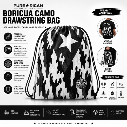 High-quality Shopify complementary product image of the Pure⭐️Rican Midnight Camo Boricua Drawstring Bag featuring a bold black, white, and grey camo Puerto Rican star design, signature Pure⭐️Rican seal logo, premium lightweight polyester material, dual drawstring closure, wear-as-backpack and hand-carry functionality, perfect for gym, travel, beach, streetwear, and everyday essentials.
