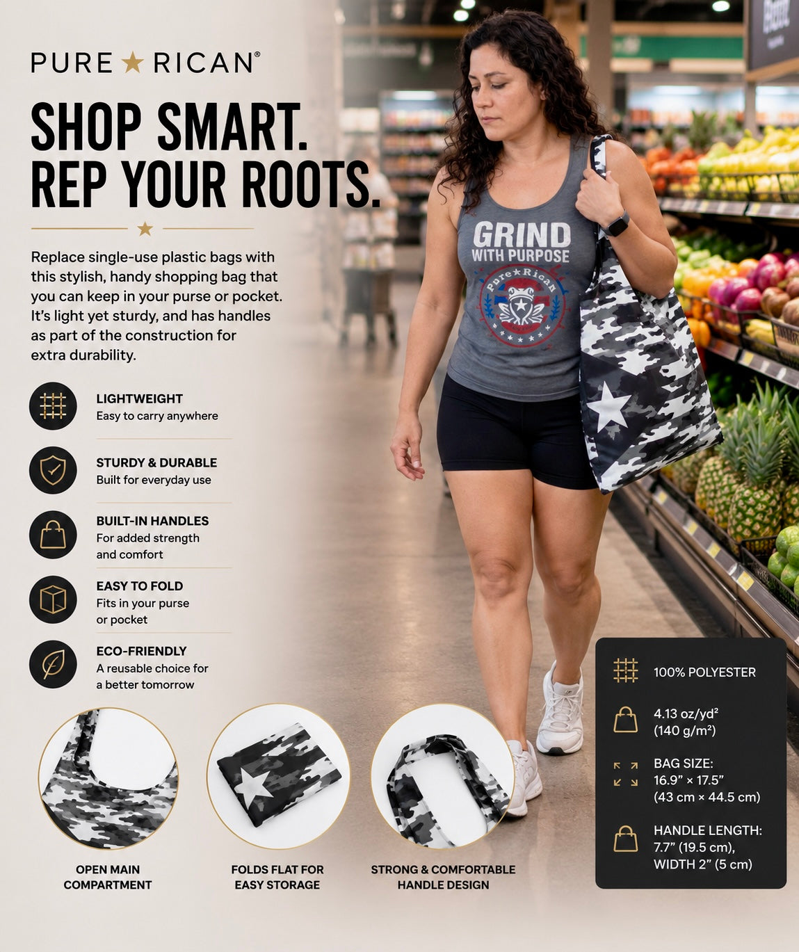Back view of female model outdoors carrying the Pure⭐️Rican Midnight Camo Boricua reusable shopping bag while gardening in an active lifestyle setting.