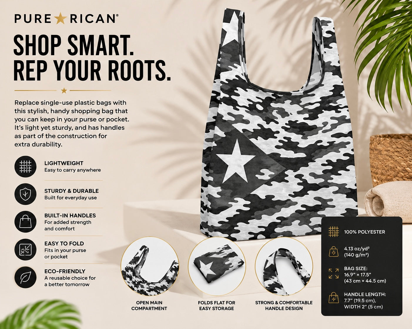 Female model walking through a grocery store carrying the Pure⭐️Rican Midnight Camo Boricua reusable shopping bag wearing a Pure⭐️Rican tank top and athletic outfit.