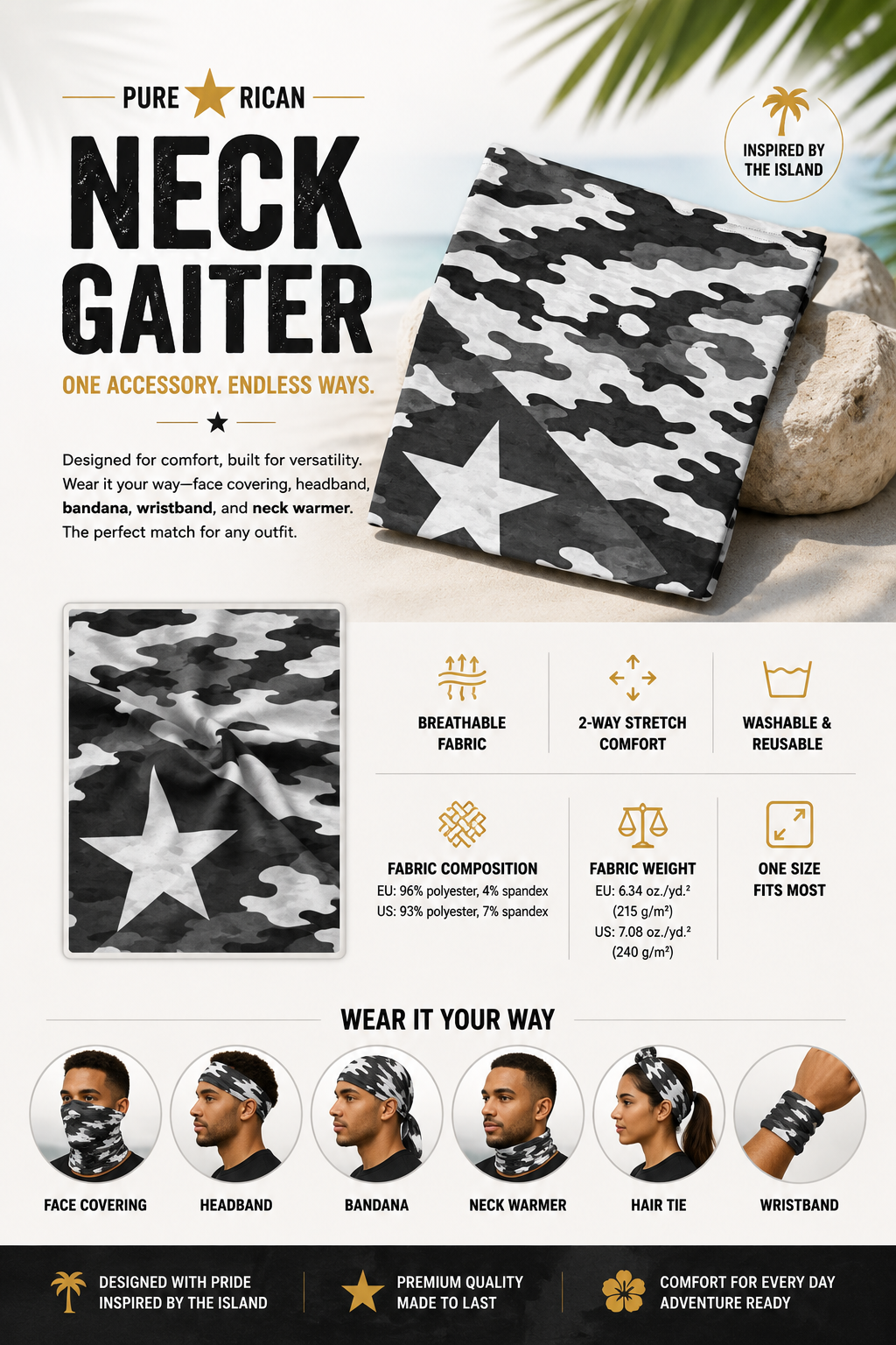 Folded Pure⭐️Rican Midnight Camo Boricua neck gaiter featuring a Puerto Rican star camo design in black, white, and grey.