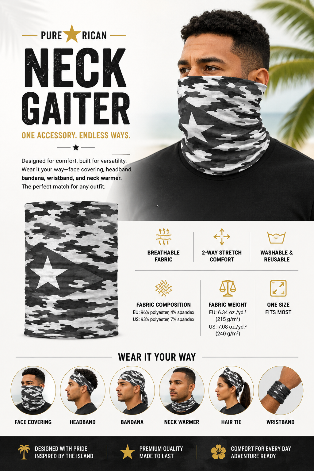 Male model wearing the Pure⭐️Rican Midnight Camo Boricua neck gaiter featuring a black and white Puerto Rican flag camo pattern used as a breathable face covering.