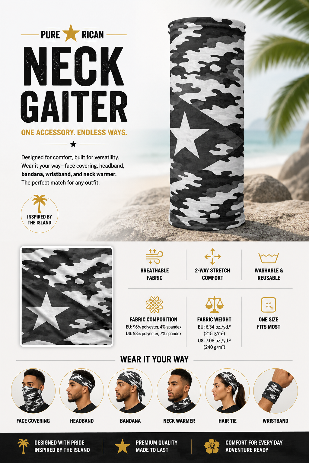 Full product image of the Pure⭐️Rican Midnight Camo Boricua neck gaiter showcasing the Puerto Rican inspired black and white camo design.