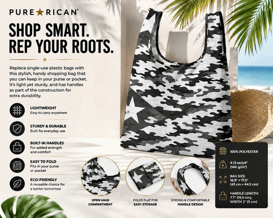 Front view of the Pure⭐️Rican Midnight Camo Boricua reusable shopping bag featuring a black, white and grey Puerto Rican flag camo pattern with foldable lightweight design.