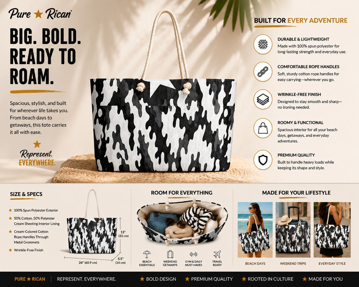Pure⭐️Rican Midnight Camo Boricua beach and travel tote bag with roomy interior, wrinkle-resistant material, and bold Puerto Rican black and white camo pattern.