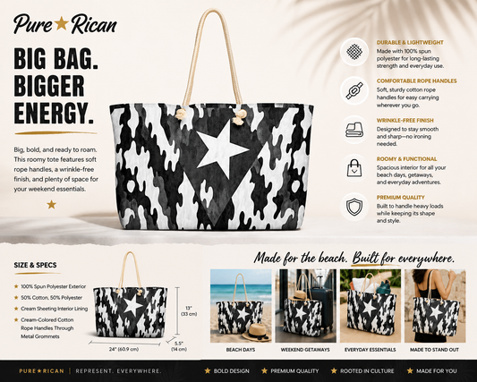 Pure⭐️Rican Midnight Camo Boricua oversized tote bag with Puerto Rican star camo design, rope handles, premium feature callouts, and travel-ready lifestyle layout.
