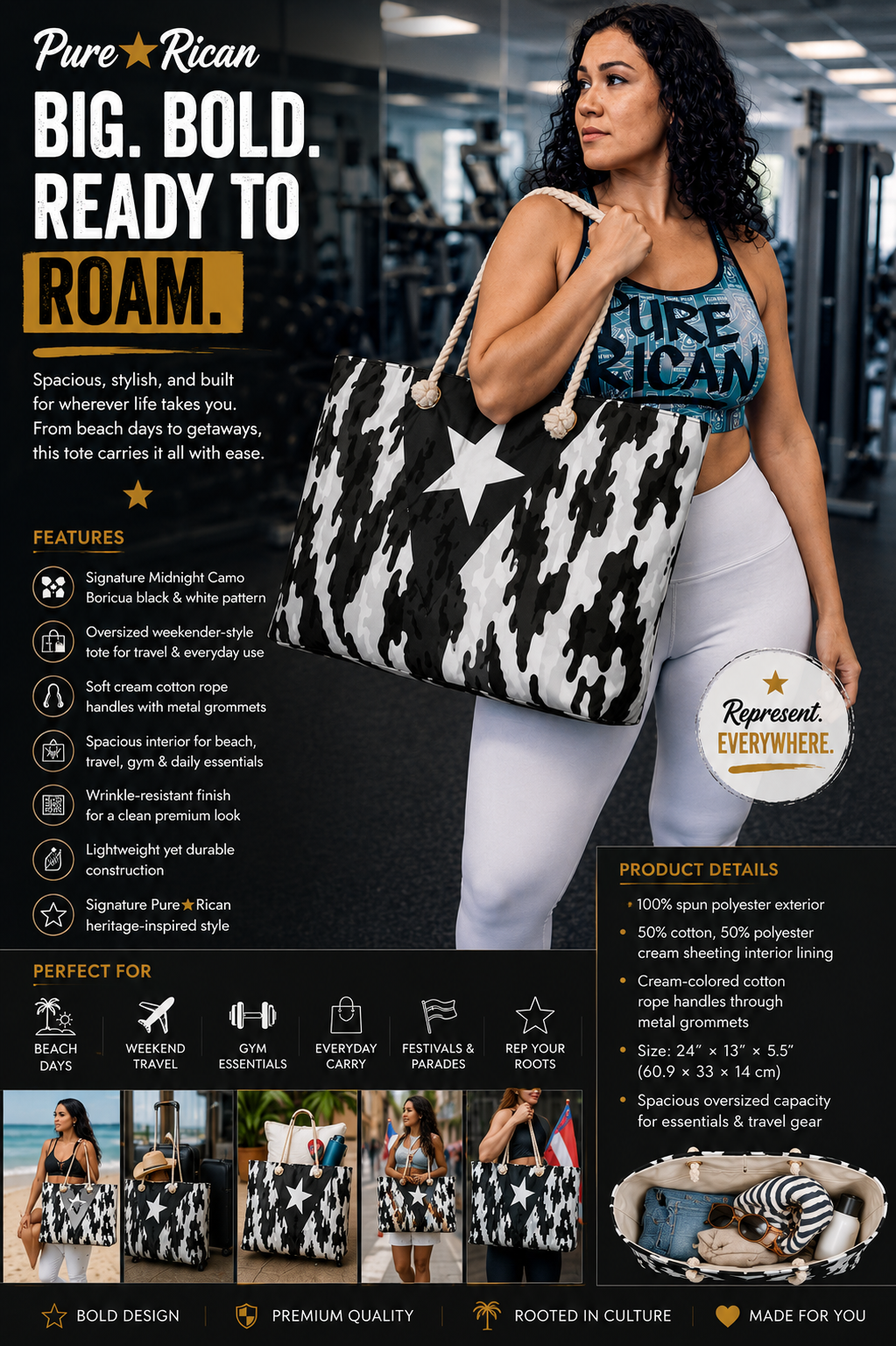 Woman wearing a Pure⭐️Rican sports bra holding the Pure⭐️Rican Midnight Camo Boricua Weekender Tote Bag inside a gym, showcasing the oversized black and white Puerto Rican-inspired tote with rope handles, travel-ready features, product details, and lifestyle imagery for gym, beach, and everyday carry.