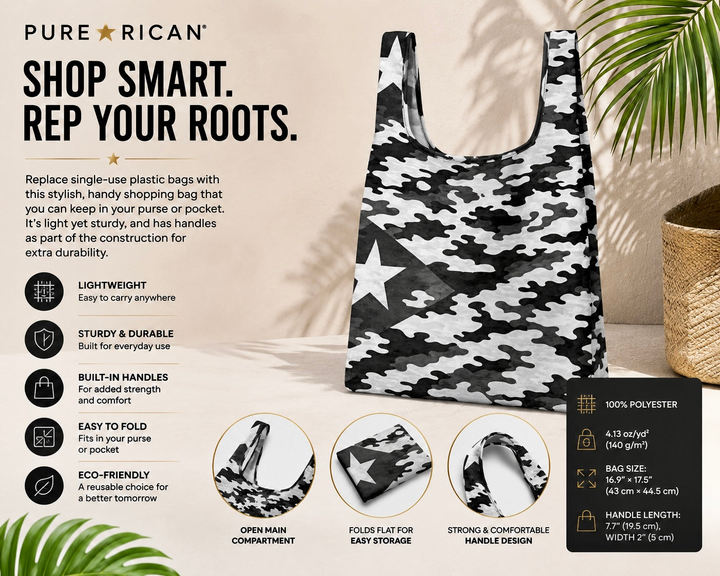 Side angle view of the Pure⭐️Rican Midnight Camo Boricua reusable tote bag with foldable compact design and Puerto Rican inspired camo artwork.