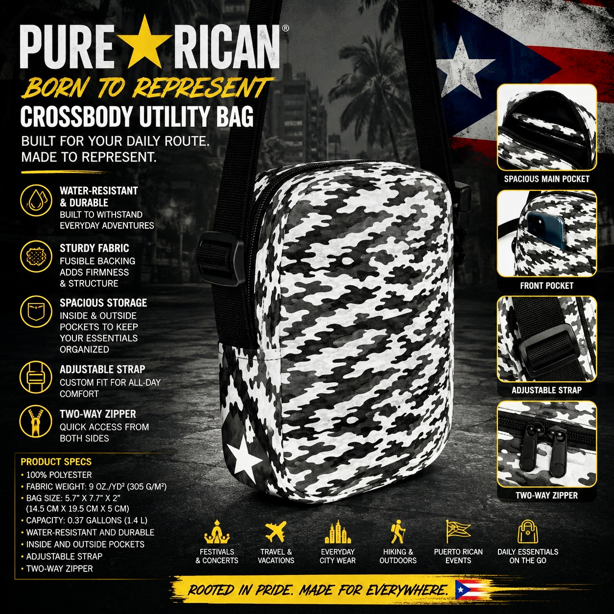 Side profile of the Pure⭐️Rican Midnight Camo Boricua Crossbody Utility Bag showcasing slim compact design, adjustable strap hardware, Puerto Rican star detail, and durable water-resistant fabric.