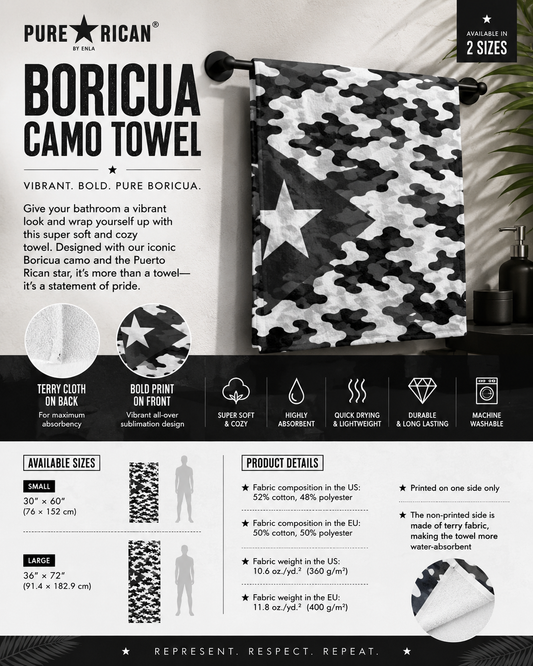 Pure⭐️Rican black and white Midnight camo towel hanging in bathroom setting showcasing absorbent terry backing, sublimation print, towel features, and available sizes.