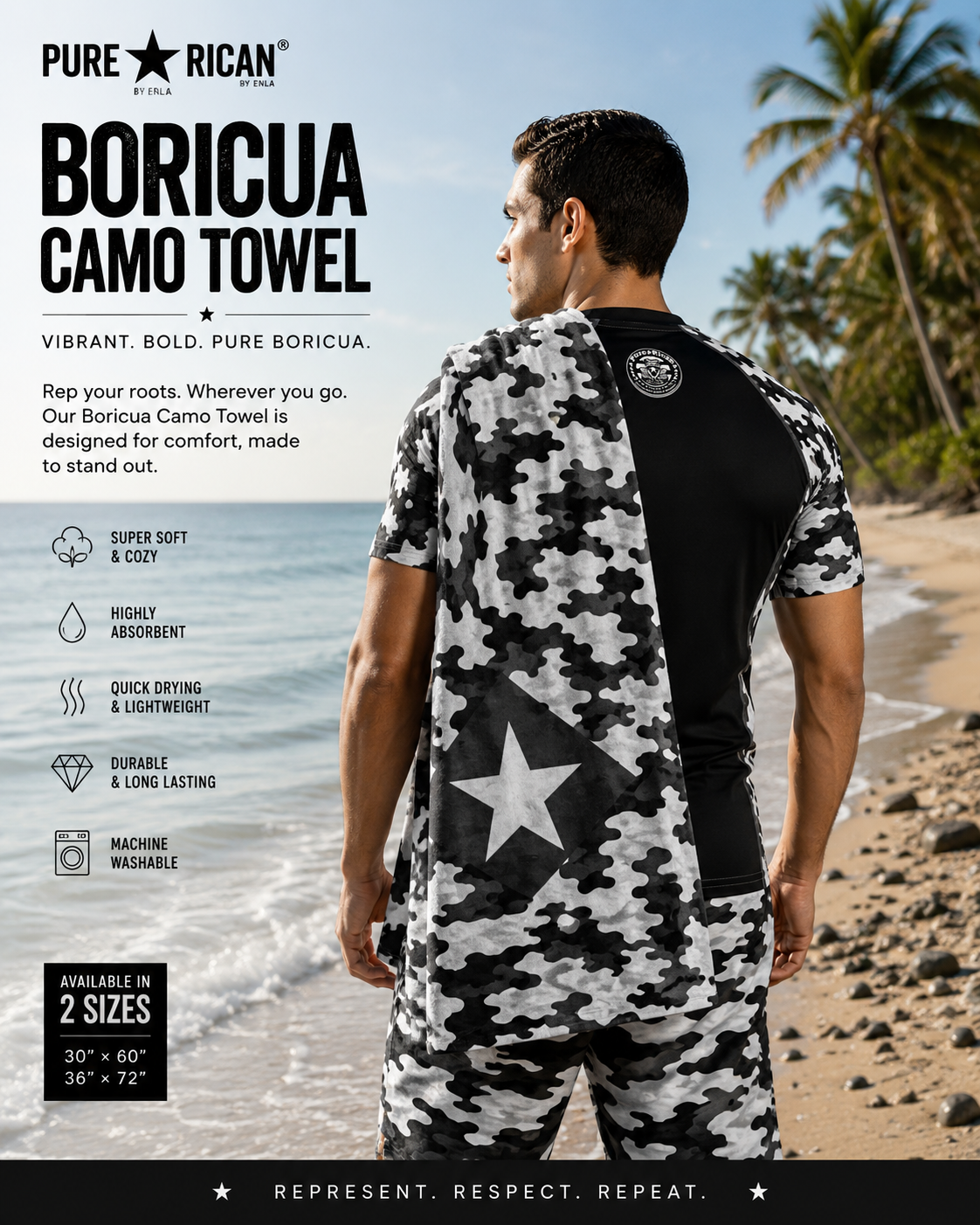 Male model wearing the Pure⭐️Rican black and white Midnight camo towel over his shoulder on a tropical beach, featuring Puerto Rican star design and athletic beach lifestyle aesthetic.
