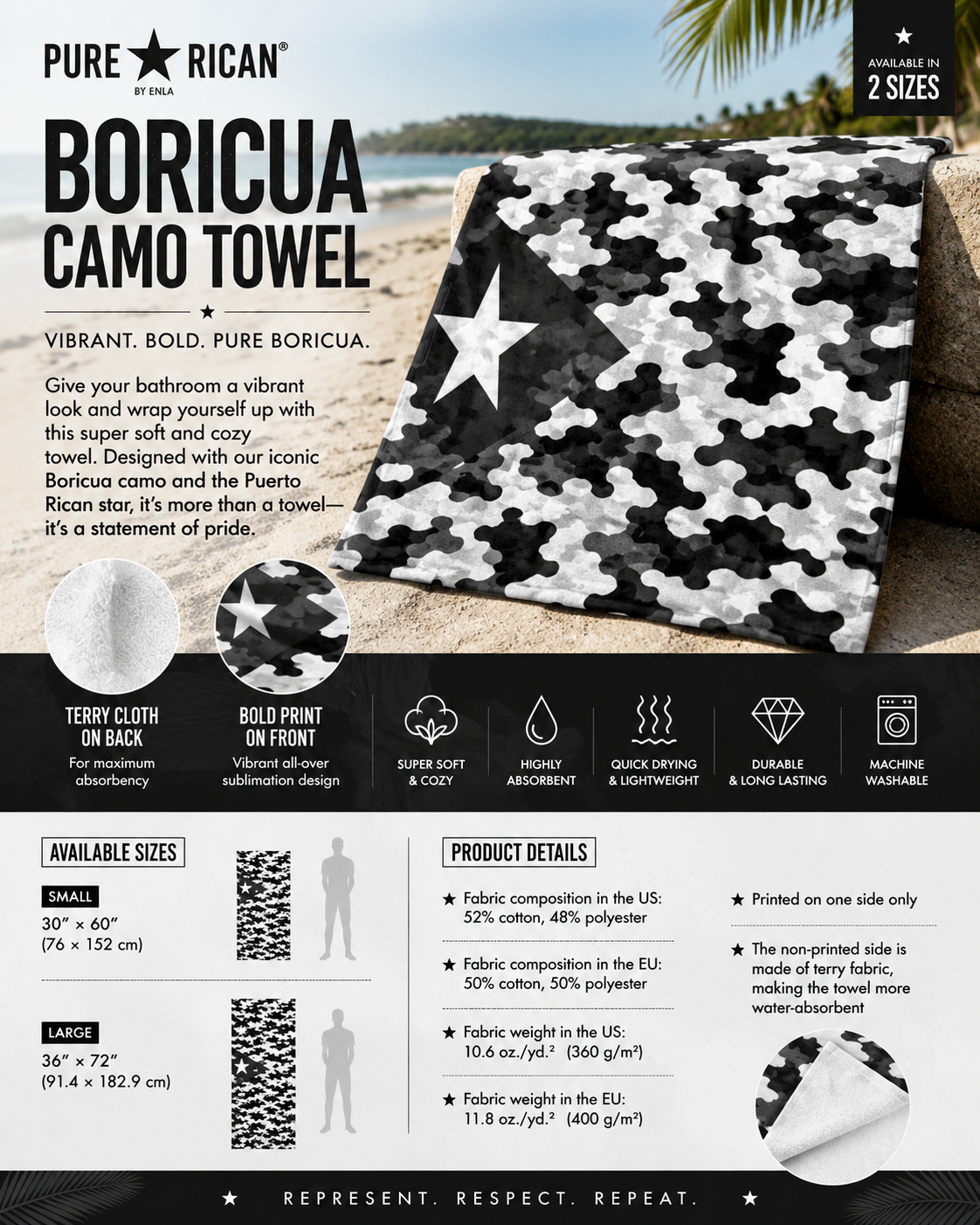 Pure⭐️Rican Midnight camo towel displayed on tropical beach featuring black and white Puerto Rican star camo pattern with premium towel feature callouts.