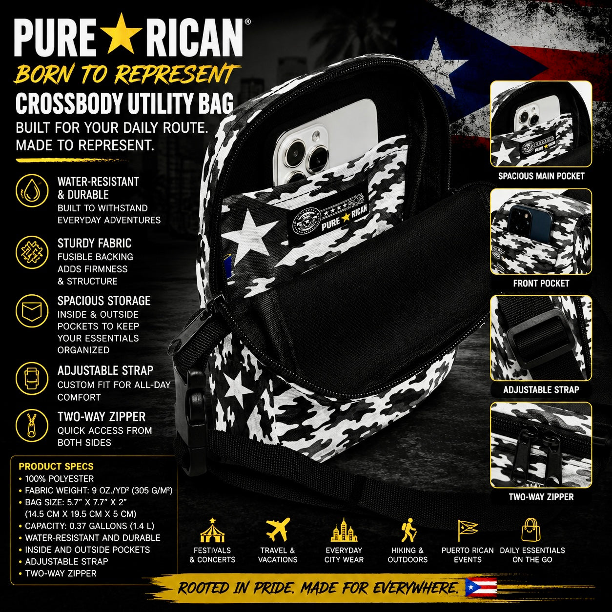 Close-up front angle of the Pure⭐️Rican Midnight Camo Crossbody Utility Bag featuring bold Pure⭐️Rican branding, yellow star logo, Puerto Rican flag detail, and durable camo fabric.